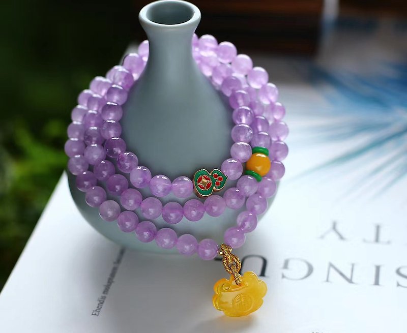 Quality natural lavender amethyst bracelet with beads three times honey Wax honey Wax purse decorated with ancient gold wishful - Bracelets - Crystal 