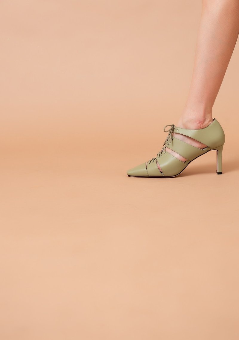 Multi-level hollow straps - High Heels - Genuine Leather Green