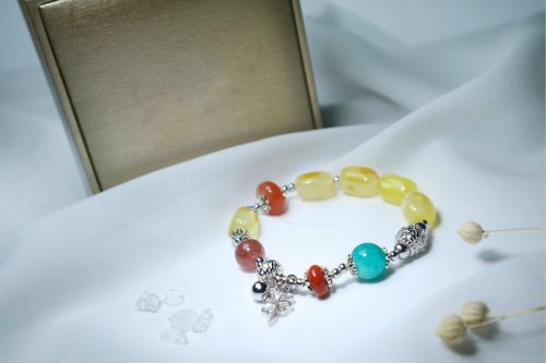 QingYang Jewelry 天然水晶闢邪蜜蠟手鏈轉運手鐲個性清新多寶石手串+925銀飾