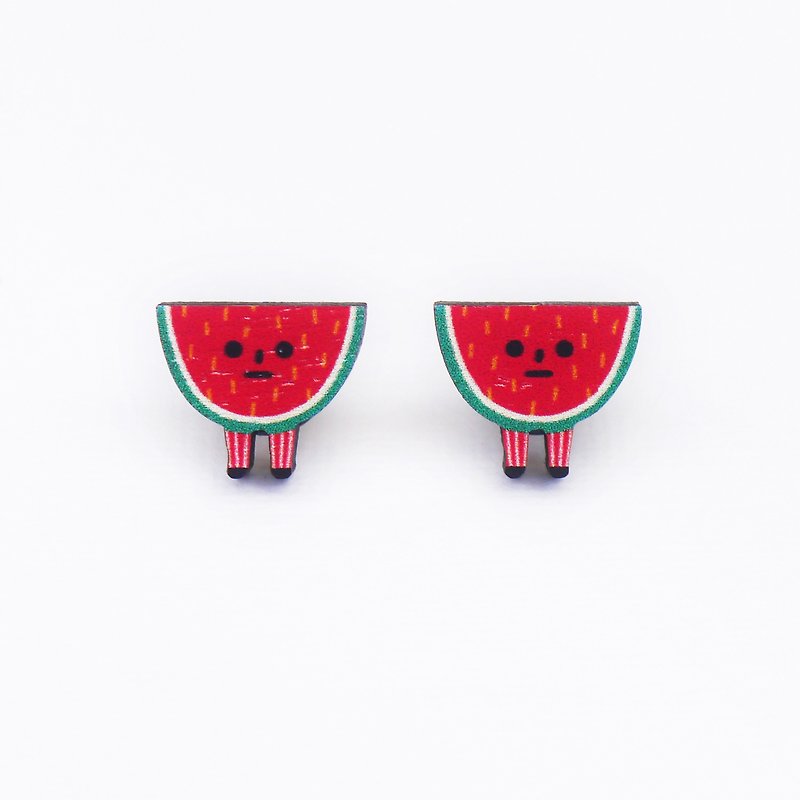 Mr. Watermelon Printed Wooden Earrings - ต่างหู - ไม้ สีแดง