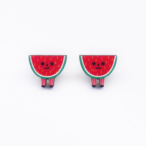 Minifanfan Mr. Watermelon 西瓜先生木製耳環 原創插畫耳環 耳針無耳洞耳