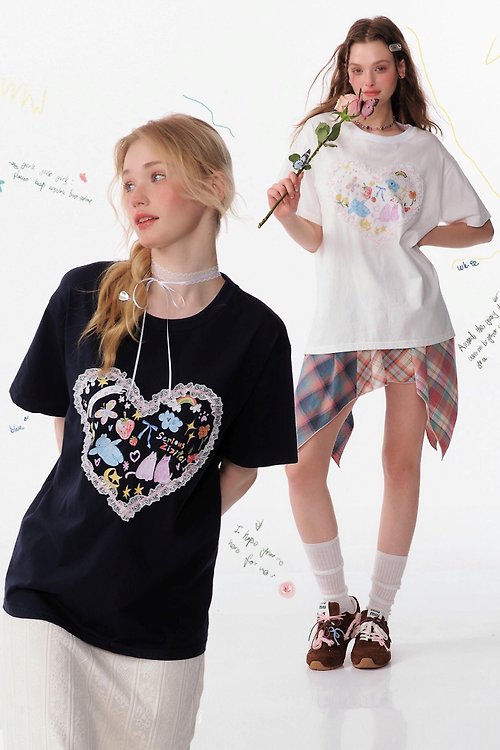 SERIOUS ZIZIFEI ziziFei夏美式復古寬松上衣設計感蕾絲愛心涂鴉印花圓領短袖T恤女
