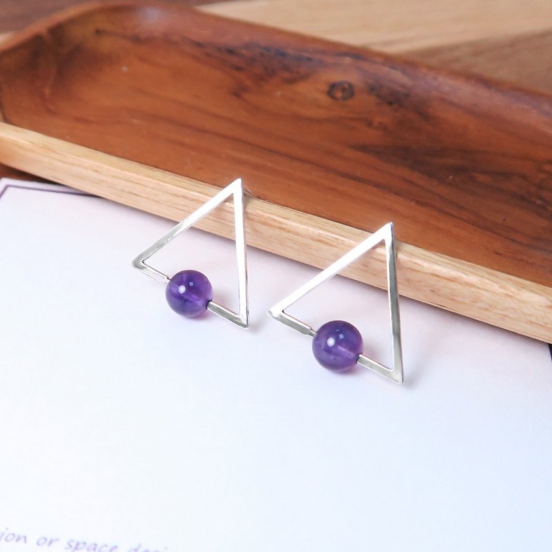 Amethyst Triangular Stud Earrings - 925 Sterling Silver Natural Stone Earrings - Earrings & Clip-ons - Sterling Silver Purple