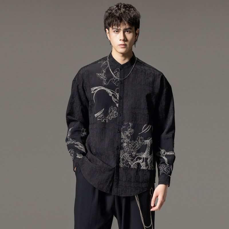 Autumn new Chinese style standing collar embroidered shirt men's splicing long-s - เสื้อเชิ้ตผู้ชาย - เส้นใยสังเคราะห์ 