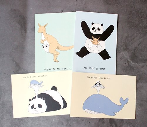 Kai3studio Postcard panda set 4 pc : Kangaroo Panda Whele