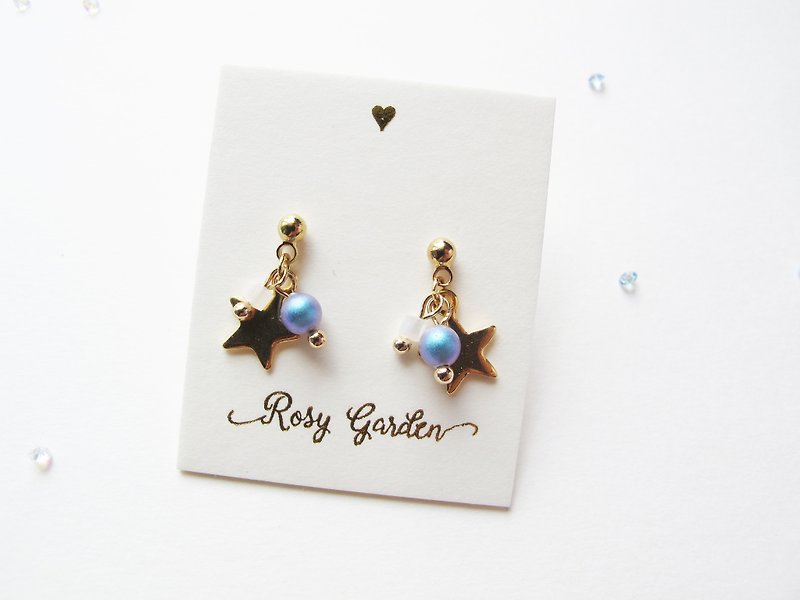 Rosy Garden le petit prince light blue pearl with little star earrings - ต่างหู - วัสดุอื่นๆ สีน้ำเงิน