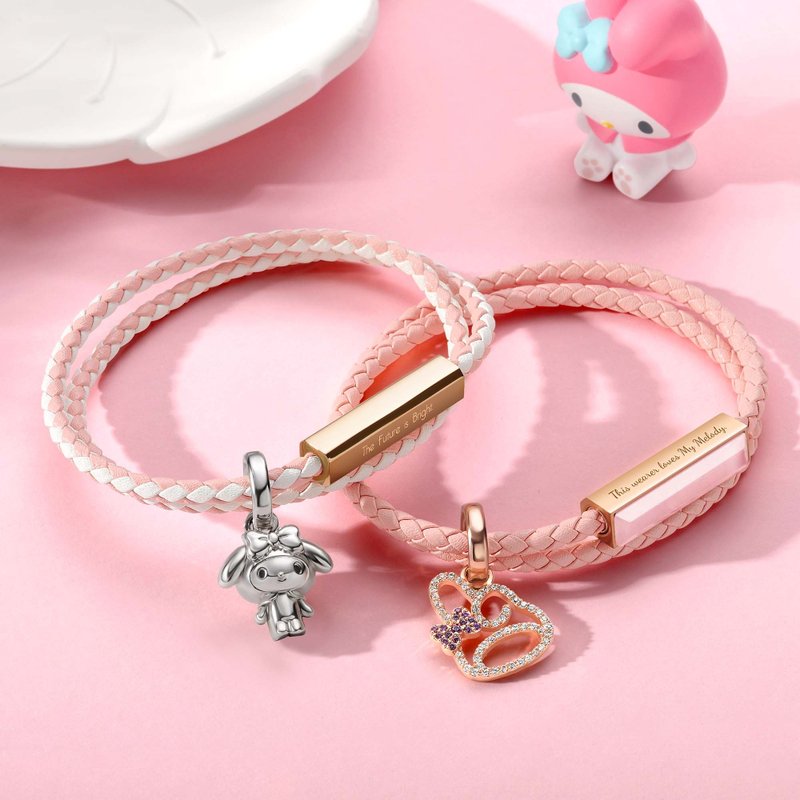 My Melody 特別版 客製化刻字 編織皮革/寶石手環 (6色) - 手鍊/手環 - 真皮 粉紅色