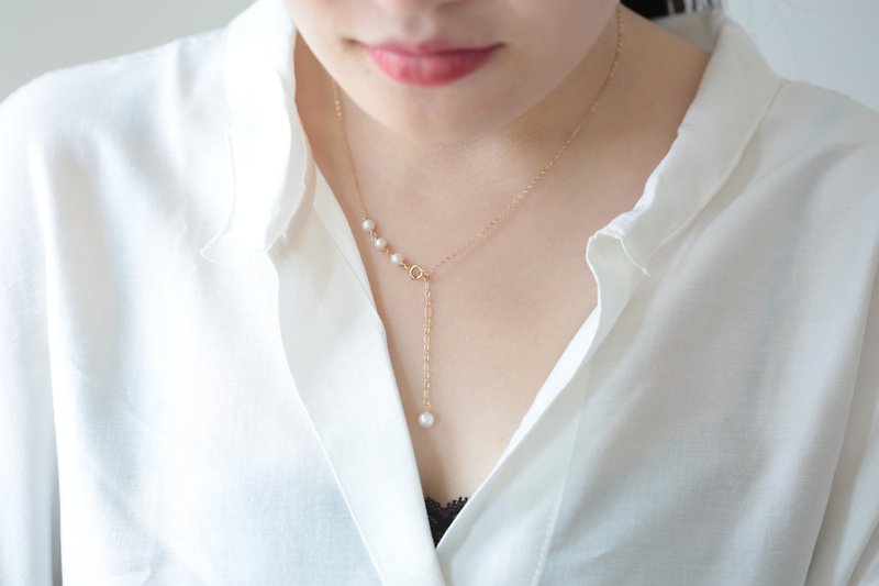 Natural round pearl Y-shaped necklace│14K GF - สร้อยคอ - ไข่มุก ขาว