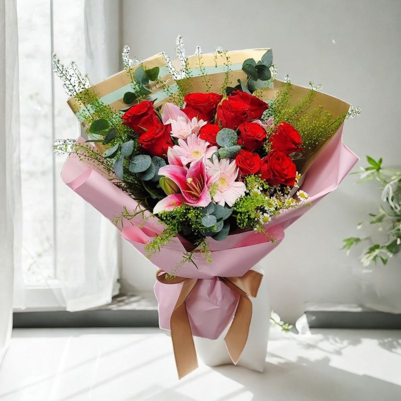 Flower Bouquet (11 Red Roses, Pink Lily, Sunflower & Others) GF00294 - ตกแต่งต้นไม้ - พืช/ดอกไม้ 