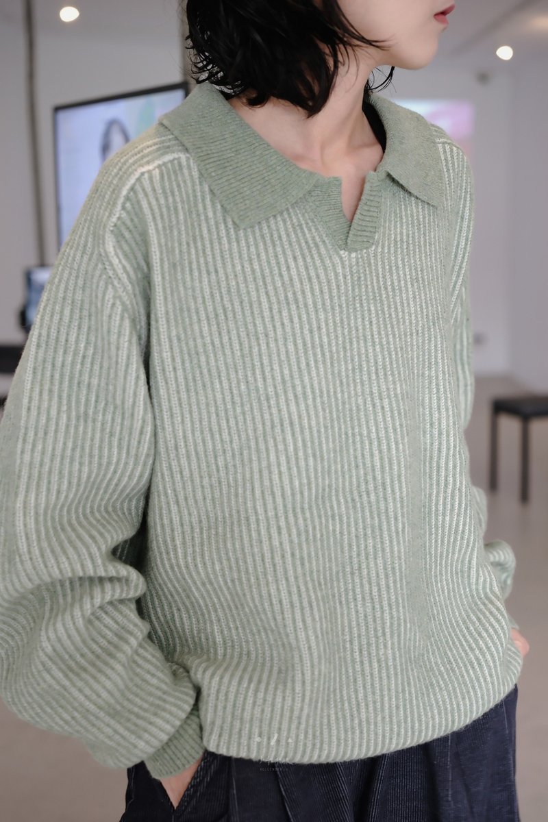 Wool Two-tone Gradient Lapel Knitted Sweater - 3 Colors - Mint Green - Women's Tops - Wool Blue