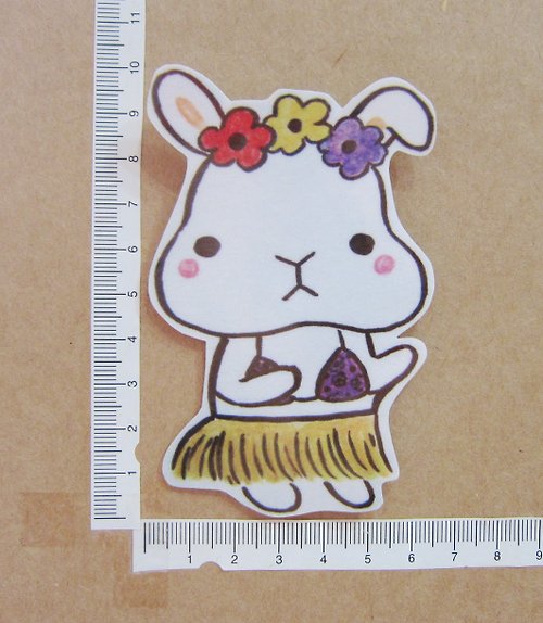 毛球工坊 手繪插畫風格 完全 防水貼紙 草裙舞 夏威夷 白色兔子