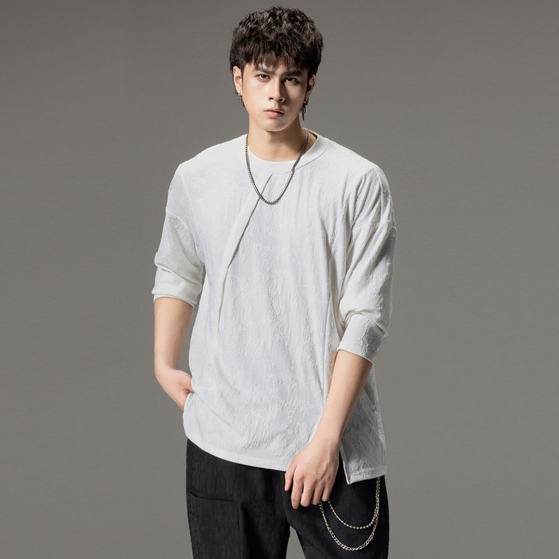 Autumn jacquard casual long sleeve T-shirt, men's solid color top - Men's T-Shirts & Tops - Polyester 