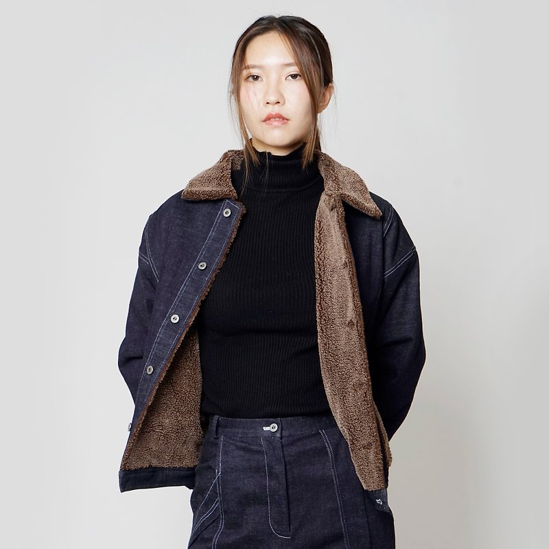 Black and white cut FW fur collar super warm inner brushed denim jacket - เสื้อแจ็คเก็ต - ผ้าฝ้าย/ผ้าลินิน สีน้ำเงิน