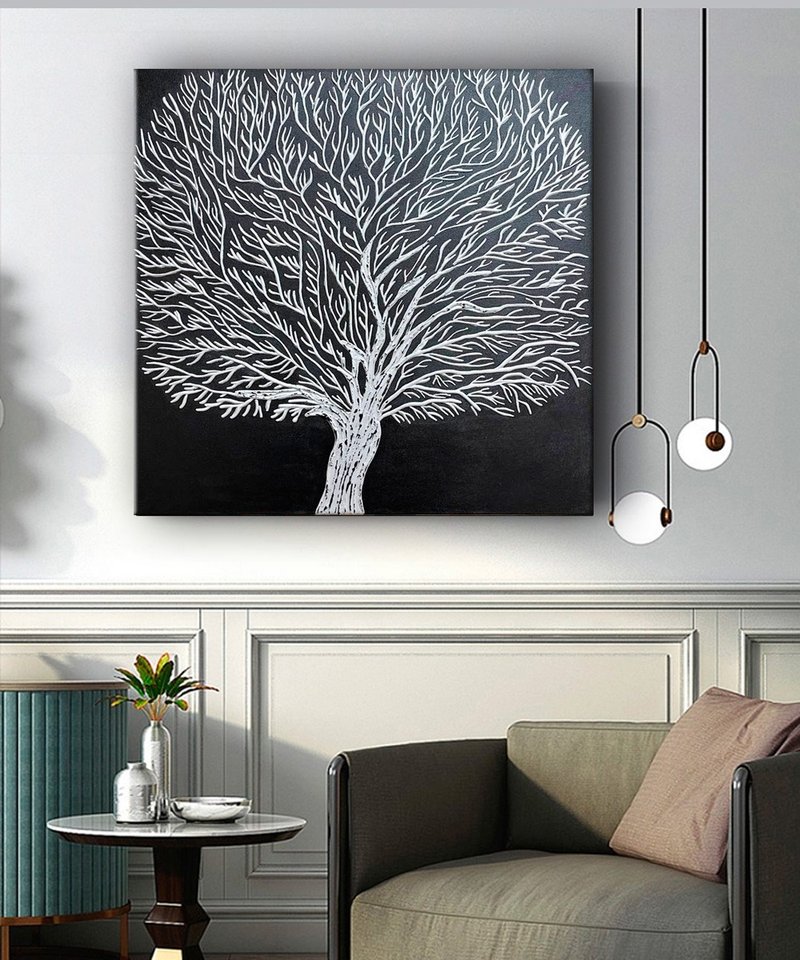 Abstract Tree Oil Painting on Canvas Wall Art for Living Room - 壁貼/牆壁裝飾 - 棉．麻 灰色