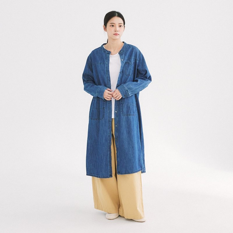 【Simply Yours】Washed Denim Blouse Dress Dark Blue F - One Piece Dresses - Cotton & Hemp Blue