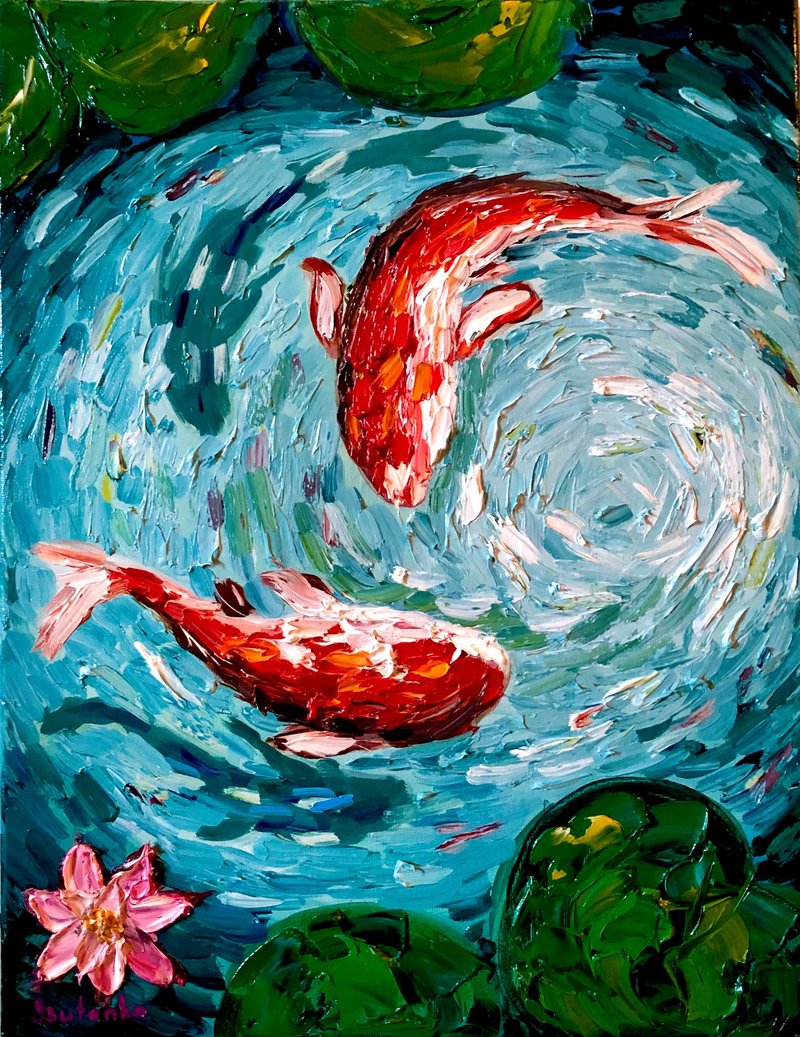 Koi Fish Painting Original Art Fish Artwork Animal Wall Art Koi Oil Painting - 海報/掛畫/掛布 - 其他材質 藍色