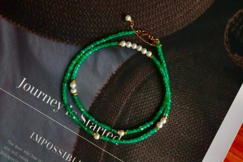 Angel's tears 天使之淚 Jewelry Design 3mm天然原礦綠玉髓 水晶珍珠設計多圈手串項鍊ms