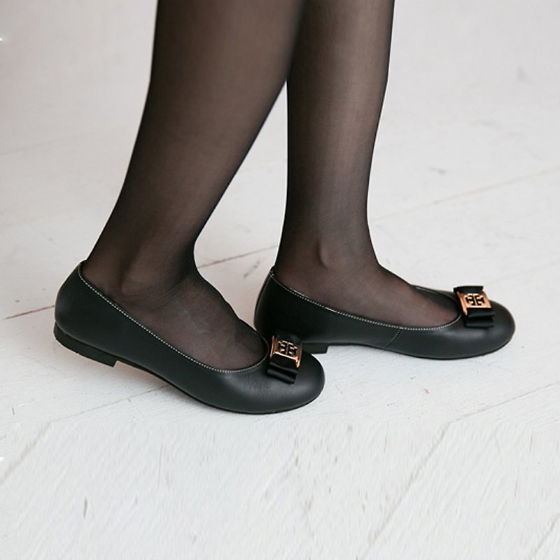 Maffeo 娃娃鞋 芭蕾舞鞋 織帶金屬片日本小牛皮娃娃鞋 - 芭蕾舞鞋/平底鞋 - 真皮 黑色