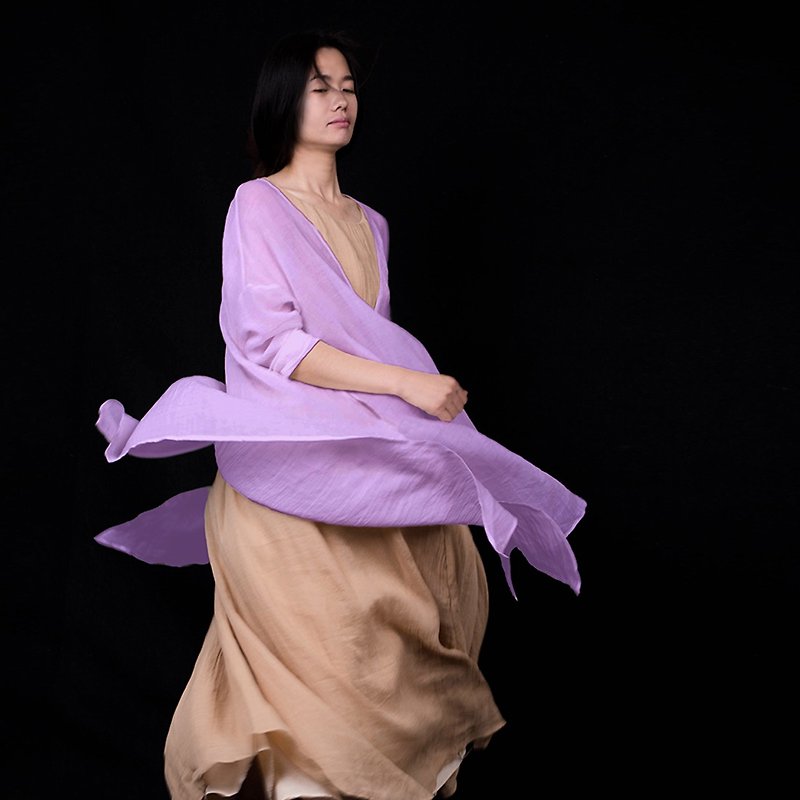 紫色純麻罩衫 防曬 瑪瑙扣 寬松 百搭 - 女襯衫 - 棉．麻 