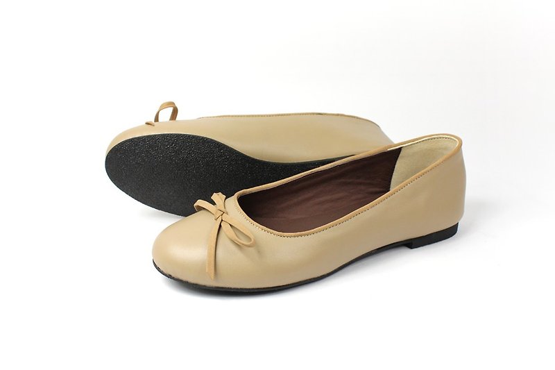 Rice piping bowknot doll shoes - Mary Jane Shoes & Ballet Shoes - Genuine Leather Khaki