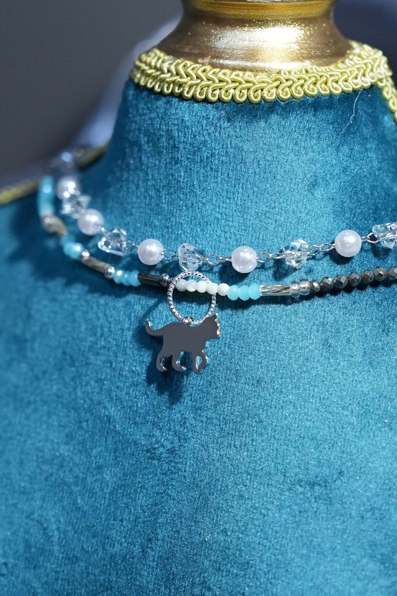 手作2way項鏈or手鍊- 粉青白k貓咪 - 項鍊 - 其他材質 藍色