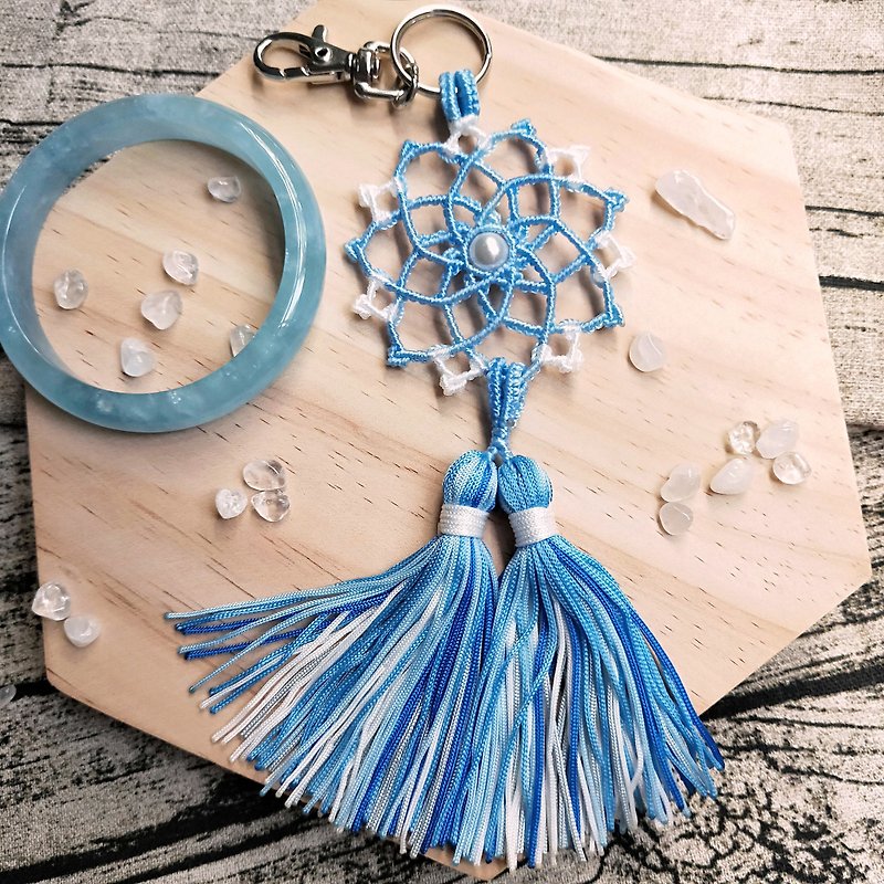C022-Hand-woven mandala charm water blue tassel - พวงกุญแจ - ไนลอน สีน้ำเงิน