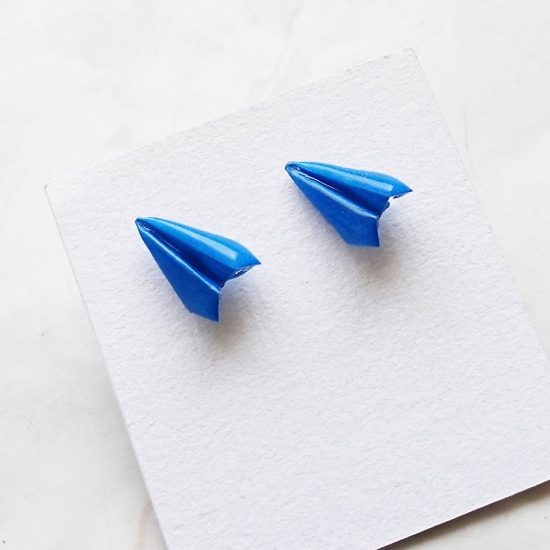 紙飛機深藍色耳環 / Origami Navy Blue Paper Plane Earrings - 耳環/耳夾 - 紙 藍色