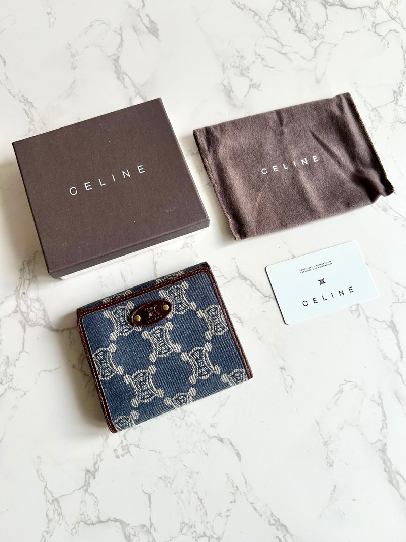 絕版古董包 Celine 牛仔藍凱旋門短夾 銀包 皮夾 中古包 二手包 - 皮夾/長短夾/錢包 - 真皮 藍色