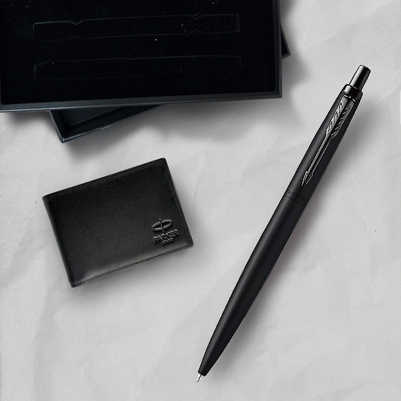 Parker 派克 喬特XL黑桿黑夾(限定)原子筆牛皮短夾禮盒 免費刻字 - 原子筆/中性筆 - 其他金屬 黑色