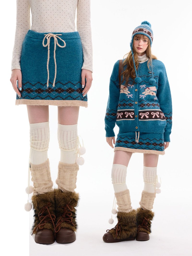 ziziFei秋冬季復古設計感費爾島高腰顯瘦a字藍綠色針織半身短裙女 - 裙子/長裙 - 其他材質 