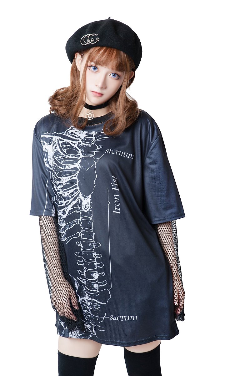 o Jill o Dark rib X-ray digital printing personality round neck short-sleeved T-shirt【J1M0360】 - Unisex Hoodies & T-Shirts - Other Materials Black