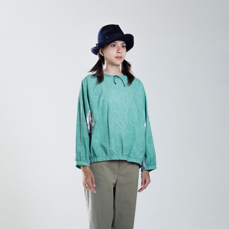 Hidden drawstring wide collar patchwork top - Women's Tops - Cotton & Hemp Green