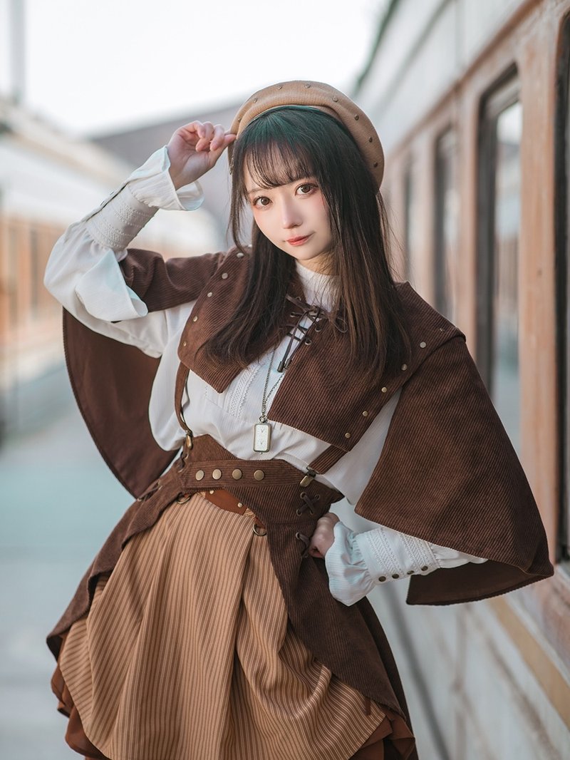 蒸汽朋克  咖色 棕色 燈芯絨 無袖外搭 外套披肩 披風斗篷 - 女西裝外套 - 其他人造纖維 咖啡色