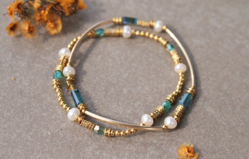 Pearl brass bracelet 1142-two good - สร้อยข้อมือ - ไข่มุก สีเขียว