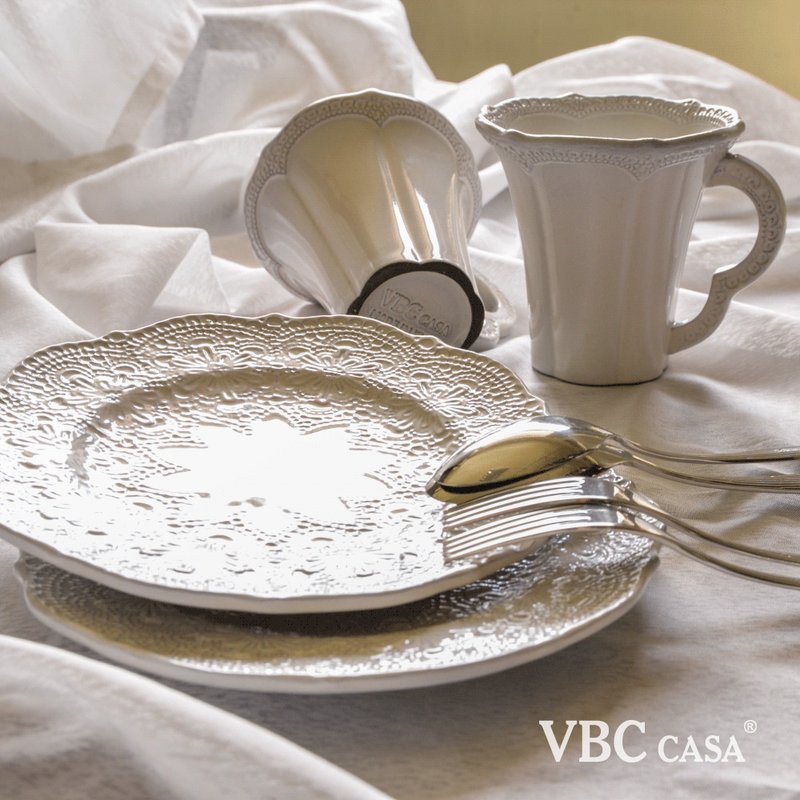 【優惠套組】義大利VBC casa手工浮雕蕾絲系列雙人午茶8件組(3色) - 盤子/餐盤/盤架 - 陶 多色