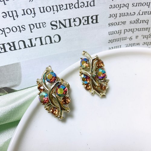 挪亞方舟古董飾品 Vintage Jewelry 【西洋古董飾品】STAR歐洲 果實枝蔓閃爍彩萊茵 耳環耳夾