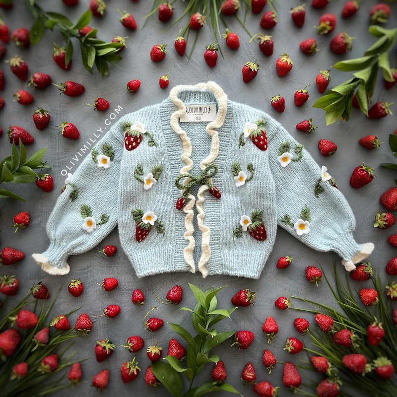 Strawberries Cardigan, Knitting cardigan, Kids cardigan, baby clothes, kids - Other - Wool Blue