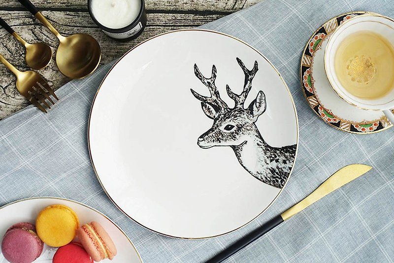 森林小夥伴系列 - Dear Deer鹿20cm 金邊骨瓷餐盤 - 盤子/餐盤/盤架 - 瓷 黑色