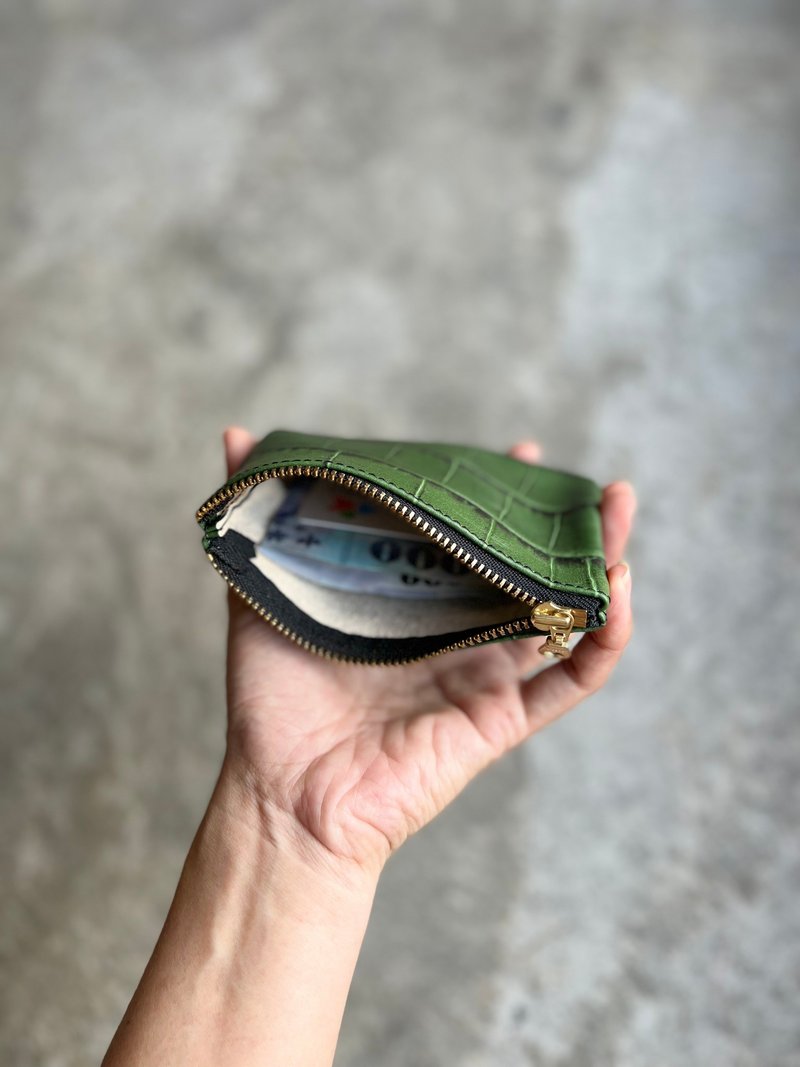 植鞣革票卡包 綠鱷魚 零錢包 卡片包 拉鍊包 印章包 - 零錢包/小錢包 - 真皮 綠色