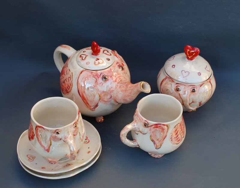 手工茶具粉紅大象快樂家庭茶壺糖碗茶杯 - 茶壺/茶杯/茶具 - 瓷 多色