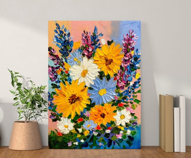 油絵 明るい花 カモミール ひまわり 厚塗りアート ミニチュア