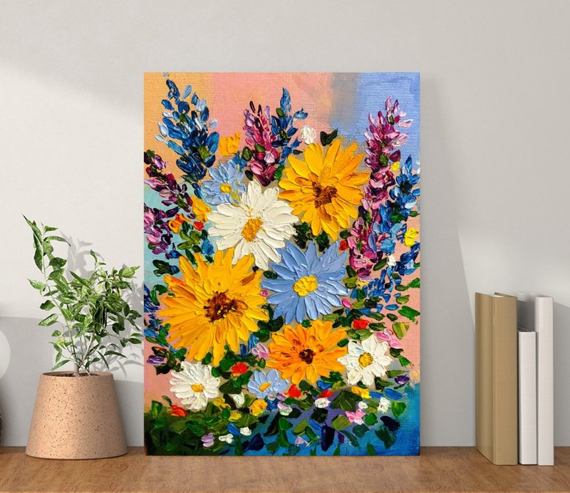 Oil Painting Bright Flowers Chamomile Sunflowers Impasto Art Miniature 18x24 cm - ตกแต่งผนัง - โลหะ หลากหลายสี