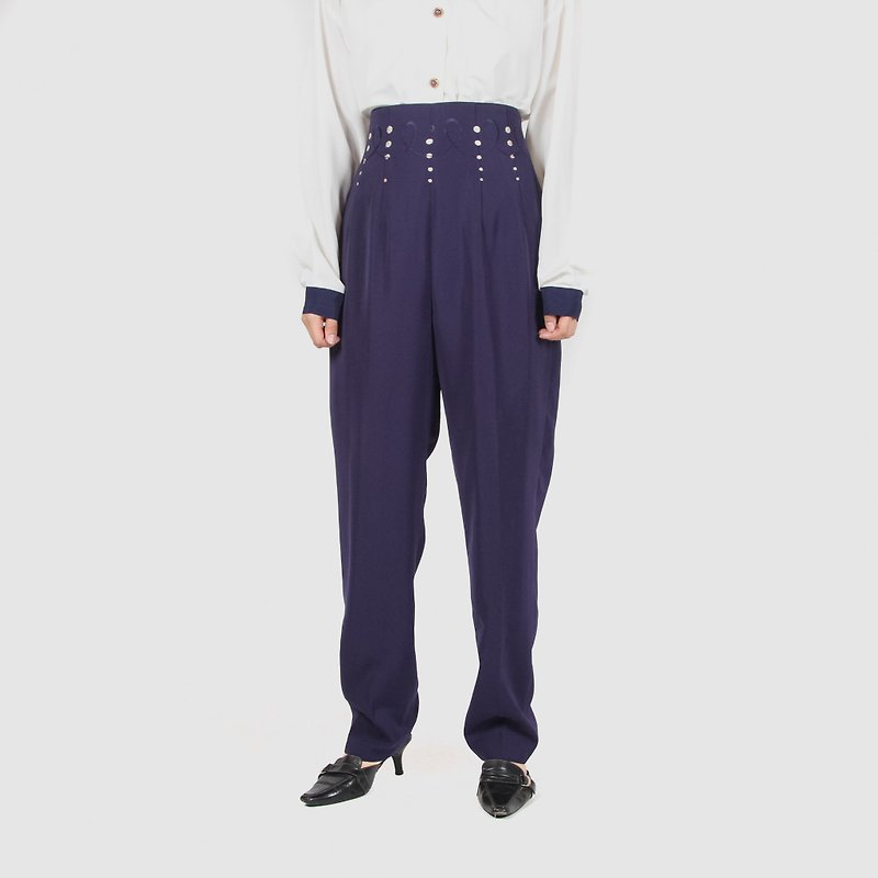 [Egg plant ancient] Ribbon star embroidery high waist vintage old pants - Women's Pants - Polyester 