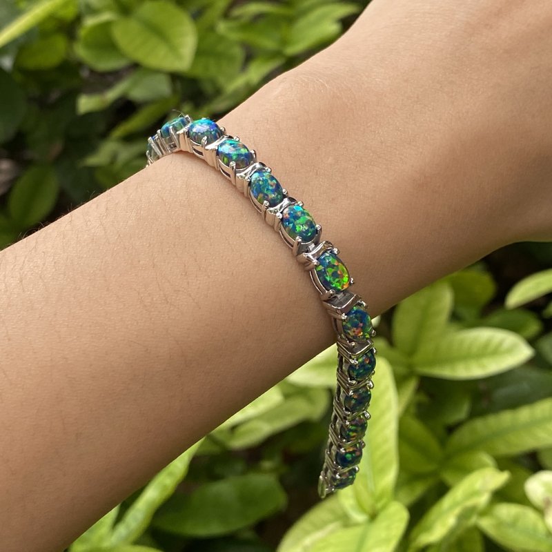 Large Stunning Quality Green Gilson Opal Tennis Bracelet 925 Sterling Silver - 手鍊/手環 - 純銀 綠色