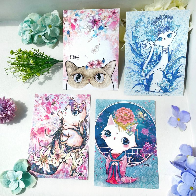 明信片 | 雙面插畫 - 花花貓系列 4 款任選 - 卡片/明信片 - 紙 多色