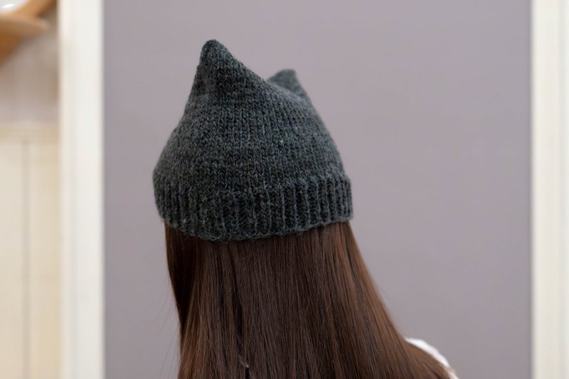 Handmade - knitted fur hat - cat ear style - stick needle style - Hats & Caps - Wool Black