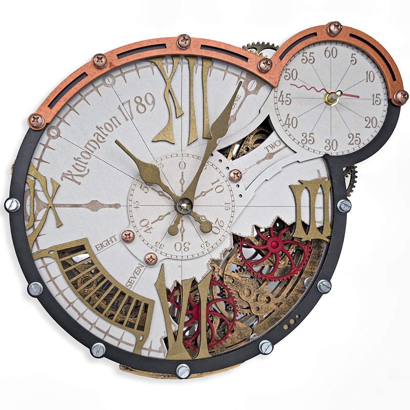 Automaton Motion Gears Wall Clock 1789 Hermitage Kinetic Art Steampunk Decor - 時鐘/鬧鐘 - 木頭 金色