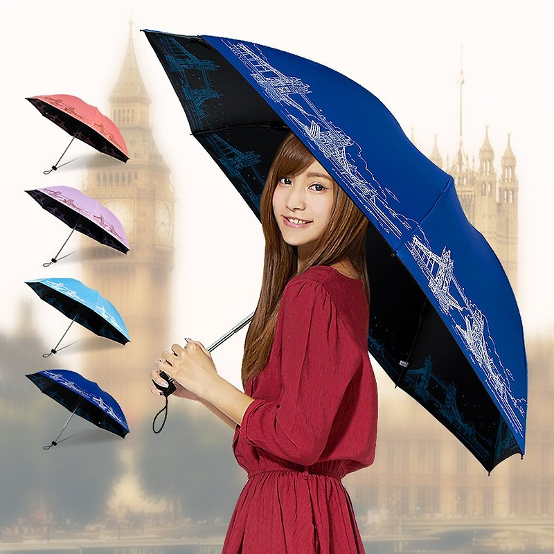 Ssangyong London Iron Bridge invincible reverse folding umbrella vinyl reverse umbrella (windproof umbrella) - Umbrellas & Rain Gear - Waterproof Material Blue
