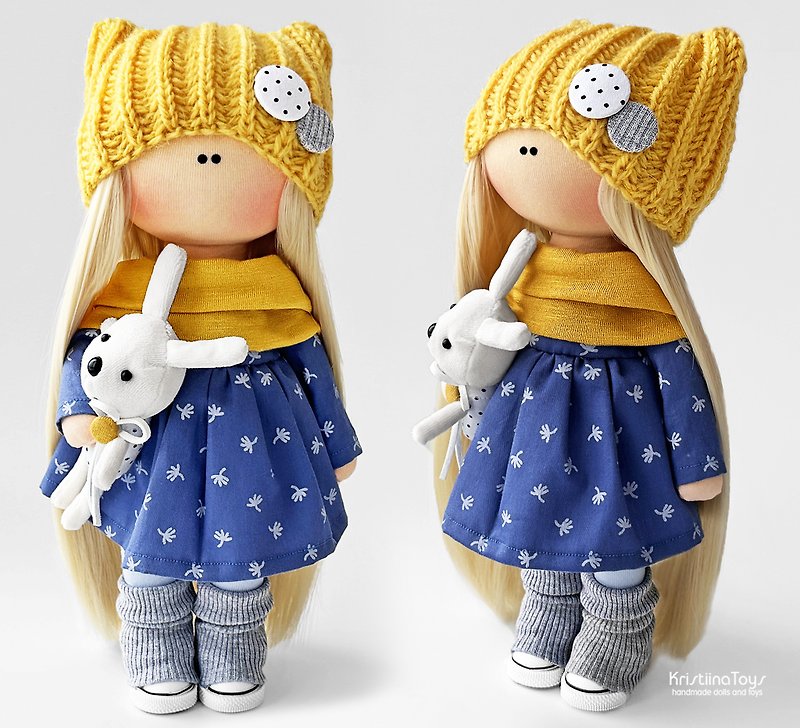 READY TO SHIP Handmade textile doll Interior doll Exclusive doll Denim dress - 玩偶/公仔 - 其他材質 藍色