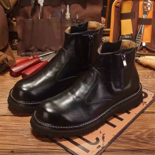 石狗車品 ROCK DOG 冬季新款切爾西靴真皮英倫風復古工裝馬丁靴高幫休閒潮流皮鞋